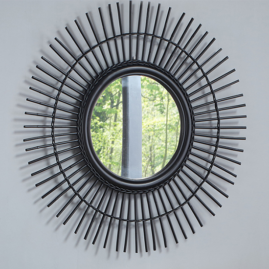Batna Vintage Round Wall Mirror In Black Rattan Frame