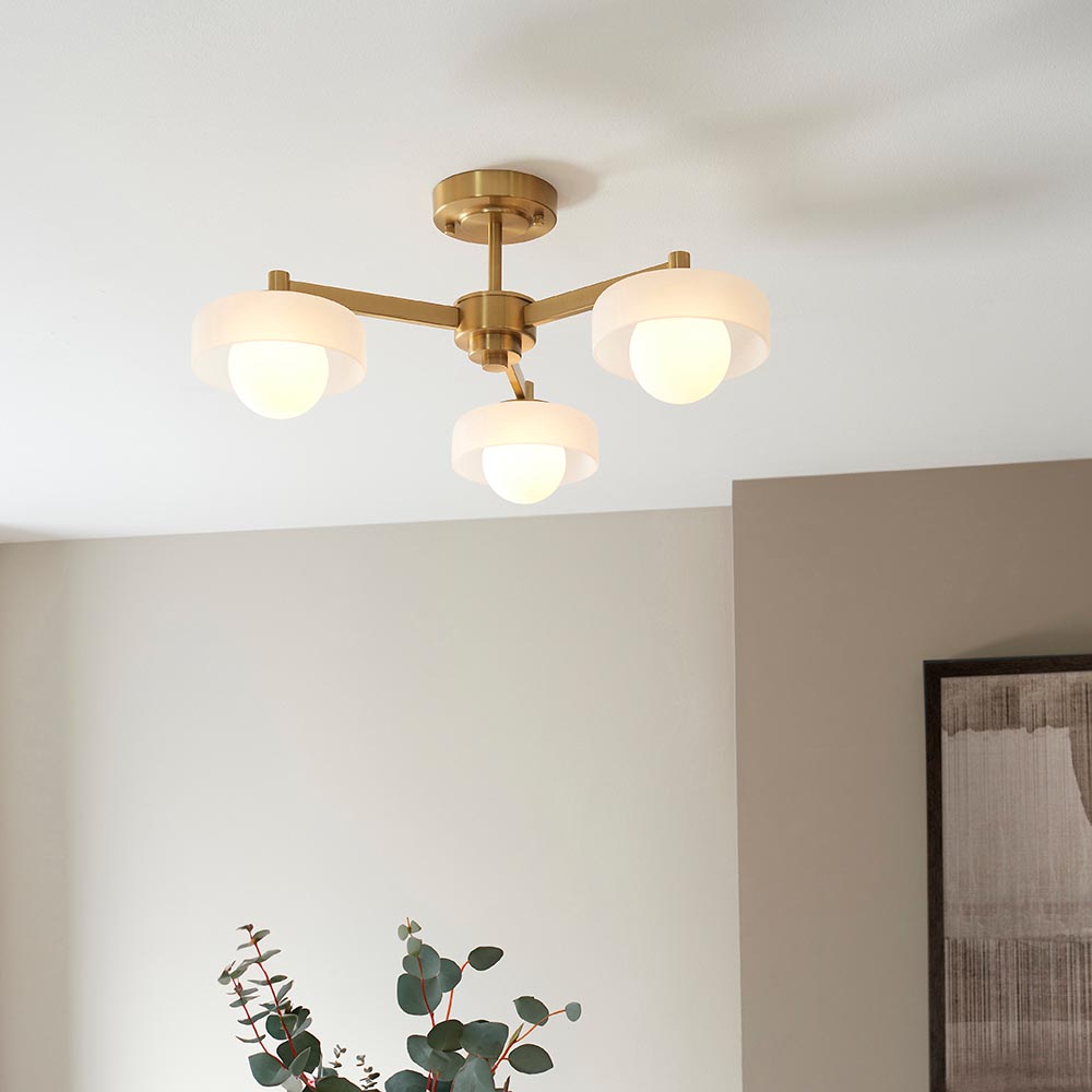 Battersea Glass 3 Semi Flush Ceiling Light In Brushed Aged Brass