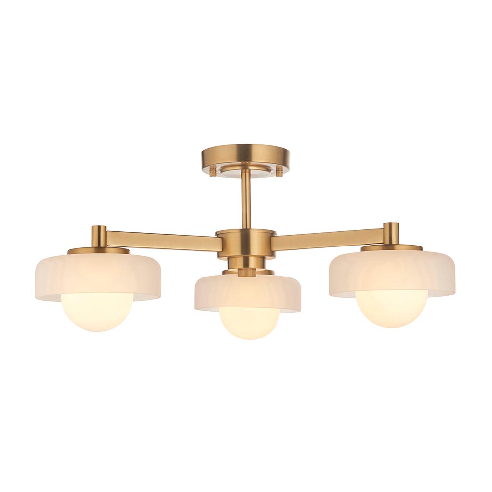 Battersea Glass 3 Semi Flush Ceiling Light In Brushed Aged Brass
