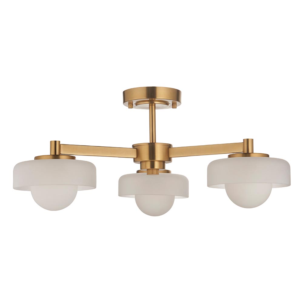 Battersea Glass 3 Semi Flush Ceiling Light In Brushed Aged Brass