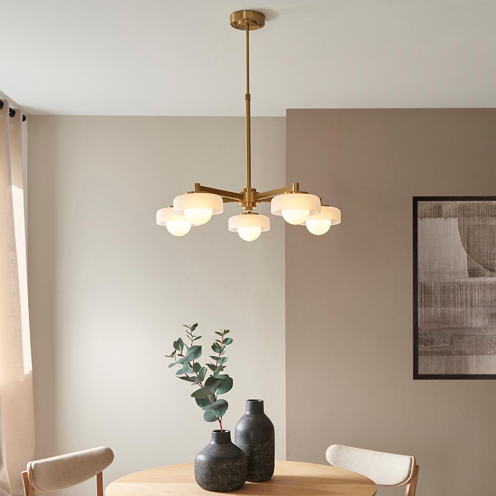 Battersea Glass 5 Semi Flush Ceiling Light In Brushed Aged Brass