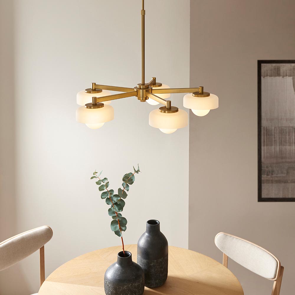 Battersea Glass 5 Semi Flush Ceiling Light In Brushed Aged Brass