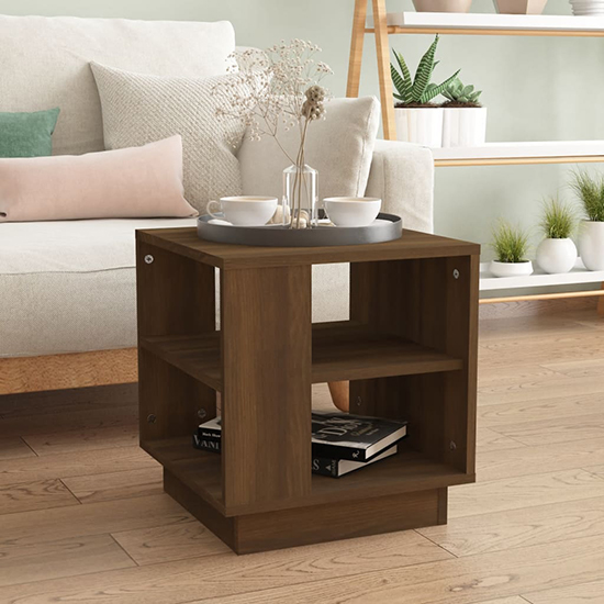 Photo of Batul wooden coffee table with undershelf in brown oak