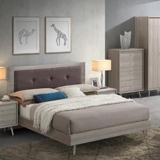 Batya Wooden Double Bed In Grey Oak Effect And Mocca Fabric