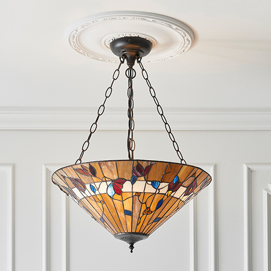 Read more about Bauchi large inverted tiffany glass pendant light in dark bronze