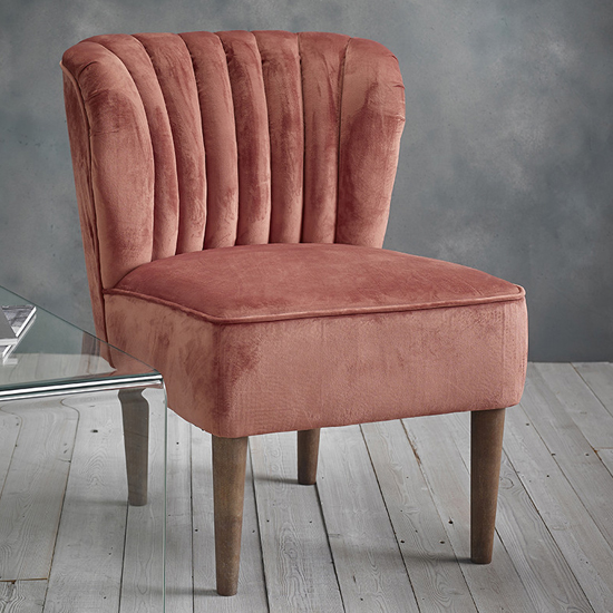 Bawtry Velvet Lounge Chair In Pink With Wooden Legs