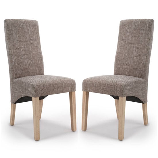 Read more about Basrah oatmeal fabric dining chairs with oak legs in pair