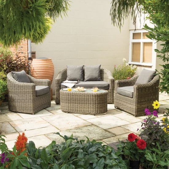 Baxton Outdoor Sofa Set With Coffee Table In Natural Weave Effect