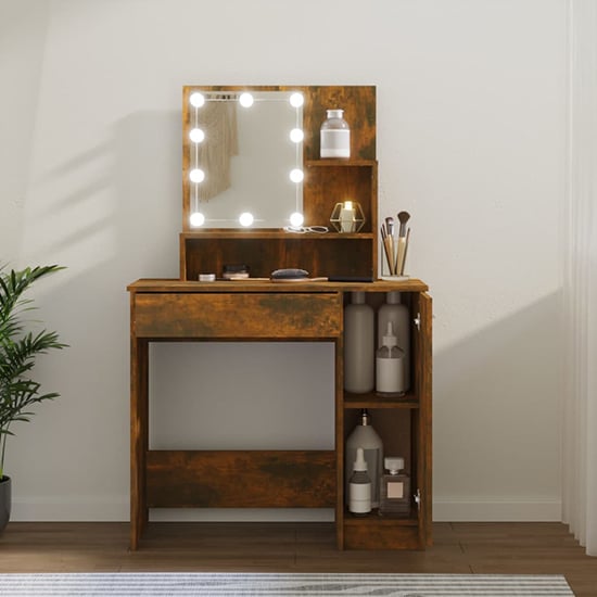 Photo of Baylah wooden dressing table in smoked oak with led lights