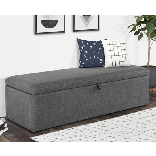 View Sadzi linen fabric upholstered blanket box in slate grey