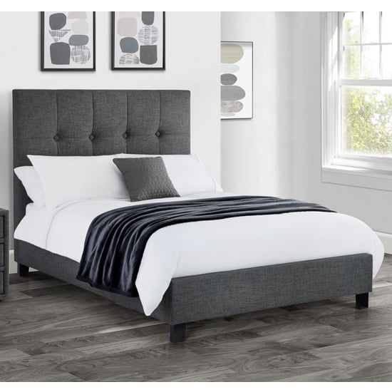 Sadzi Linen Fabric Upholstered Double Bed In Slate Grey