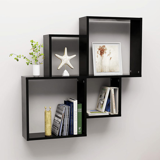 Bazyli High Gloss Cube Wall Shelf In Black Furniture in Fashion