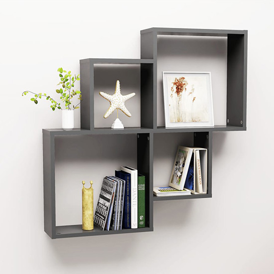 Bazyli Wooden Cube Wall Shelf In Grey Furniture in Fashion