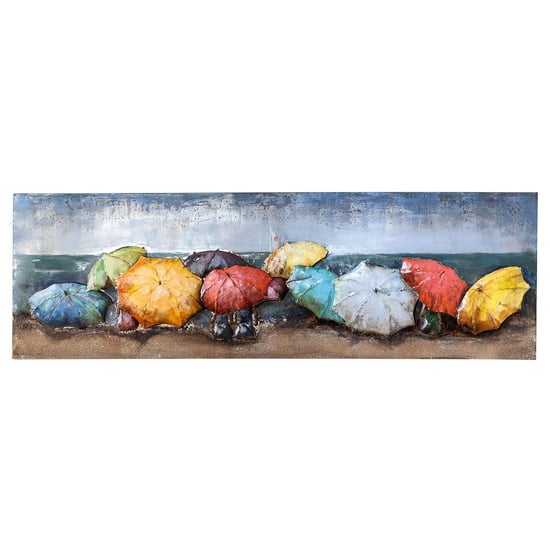 Read more about Beach of parasols picture metal wall art in multicolor and blue