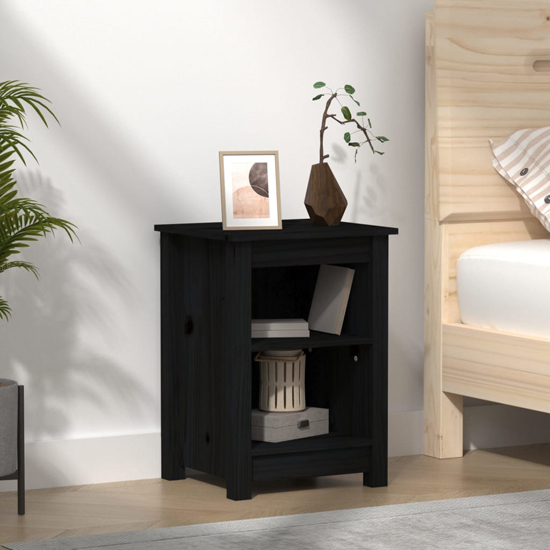 Photo of Beale pine wood bedside cabinet with 2 shelves in black
