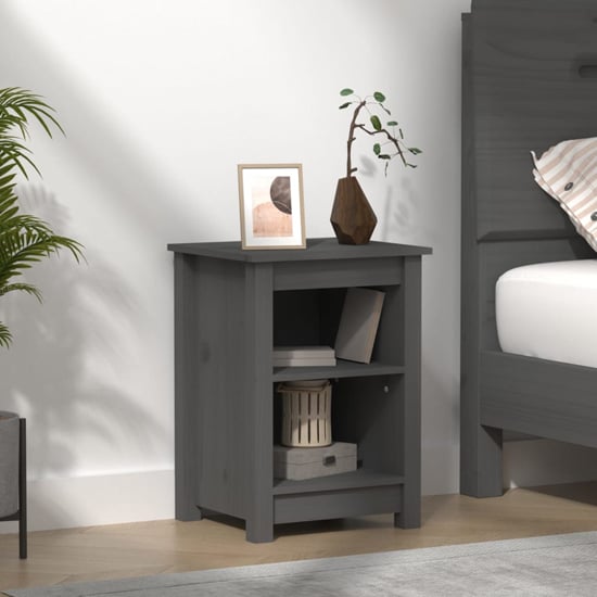 Beale Pine Wood Bedside Cabinet With 2 Shelves In Grey
