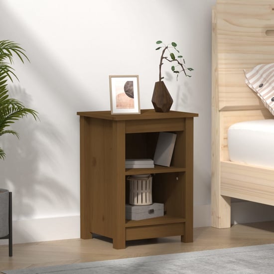 Read more about Beale pine wood bedside cabinet with 2 shelves in honey brown