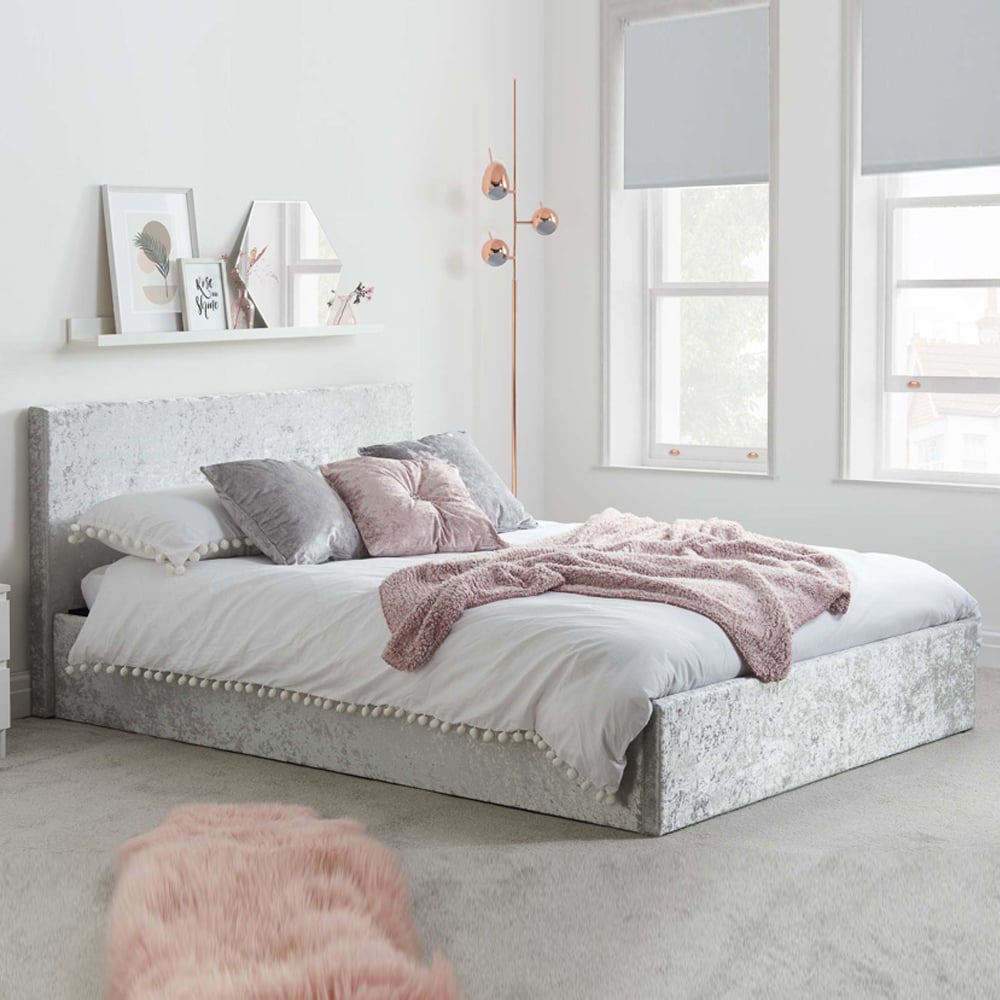 Beano Fabric Ottoman Double Bed In Steel Crushed Velvet