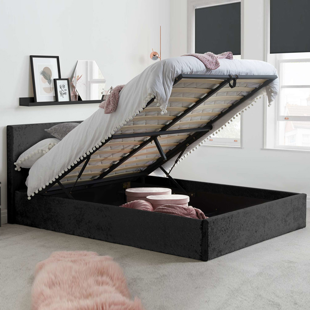 Beano Fabric Ottoman King Size Bed In Black Crushed Velvet
