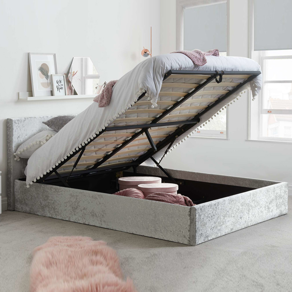 Beano Fabric Ottoman King Size Bed In Steel Crushed Velvet