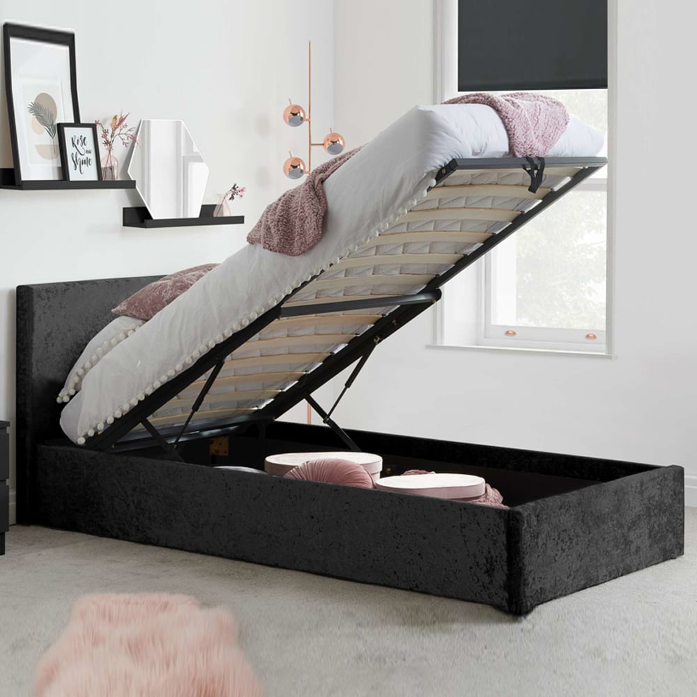 Beano Fabric Ottoman Single Bed In Black Crushed Velvet