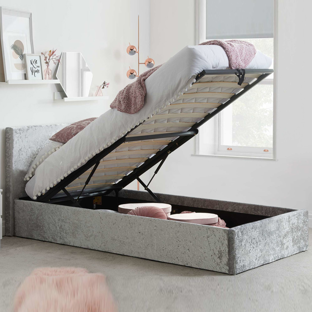 Beano Fabric Ottoman Single Bed In Steel Crushed Velvet