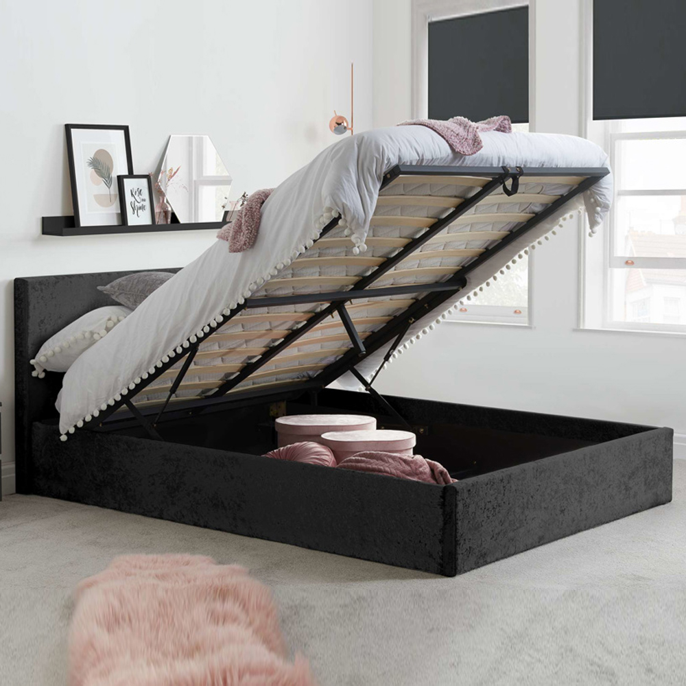 Beano Fabric Ottoman Small Double Bed In Black Crushed Velvet
