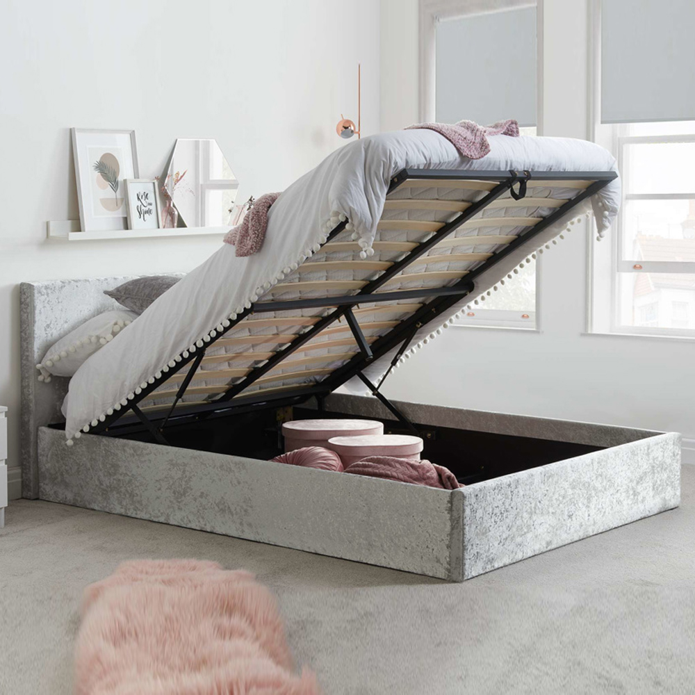 Beano Fabric Ottoman Small Double Bed In Steel Crushed Velvet