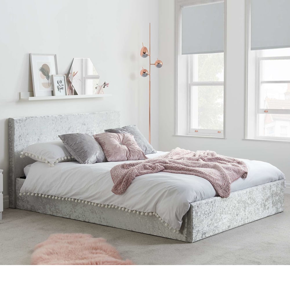 Beano Fabric Ottoman Small Double Bed In Steel Crushed Velvet