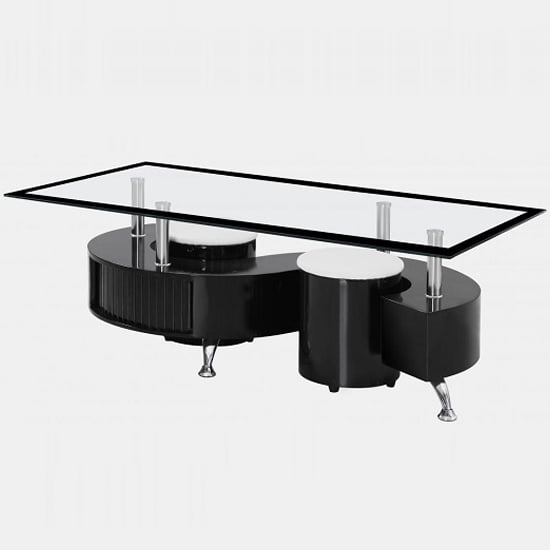 Photo of Beata glass coffee table with 2 stools in black high gloss base