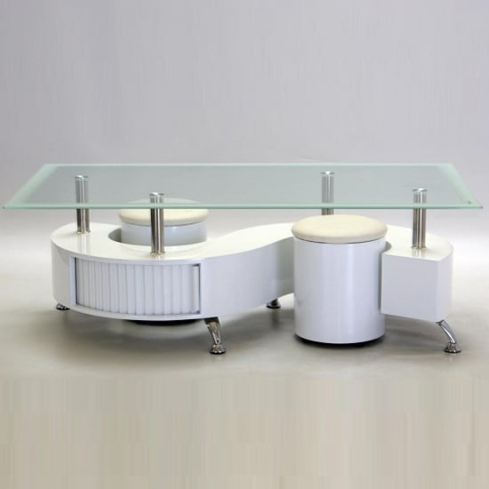 Beata Glass Coffee Table With 2 Stools In White High Gloss Base