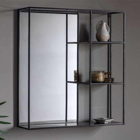 Product photograph of Beaumont Wall Mirror With Shelf In Black from Furniture in Fashion