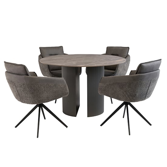 Beccles Stone Dining Table Round With 4 Lacey Grey Chairs