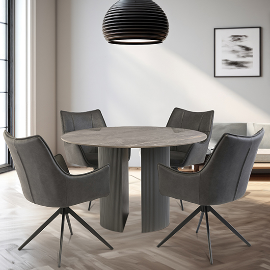Read more about Beccles stone dining table round with 4 vernon charcoal chairs