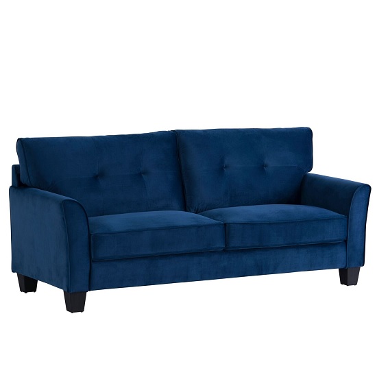 Beckton Fabric 3 Seater Sofa In Blue Velvet With Wooden Legs