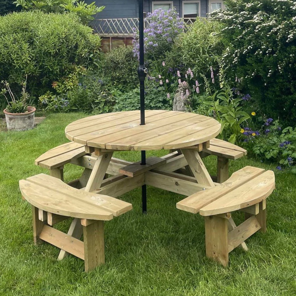 Becontree Wooden Garden Round Picnic Table In Natural