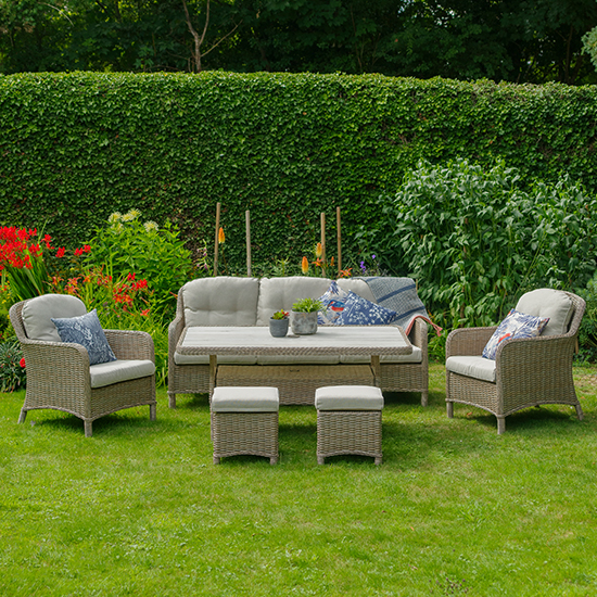 Read more about Becton outdoor lounge dining set with stools in sand grey