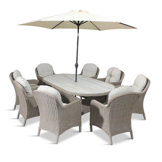 Becton Oval 8 Seater Dining Set With Parasol In Sand Grey_2