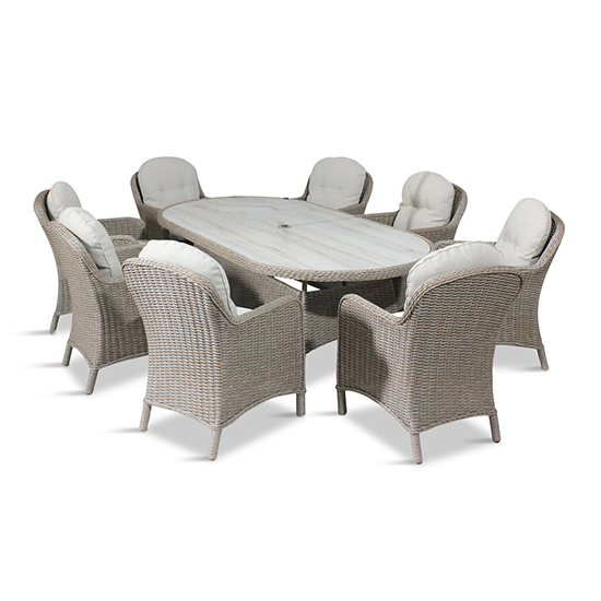 Becton Oval 8 Seater Dining Set With Parasol In Sand Grey_3