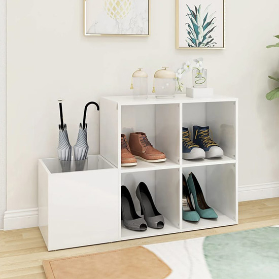 Photo of Bedros high gloss shoe storage bench with 4 shelves in white