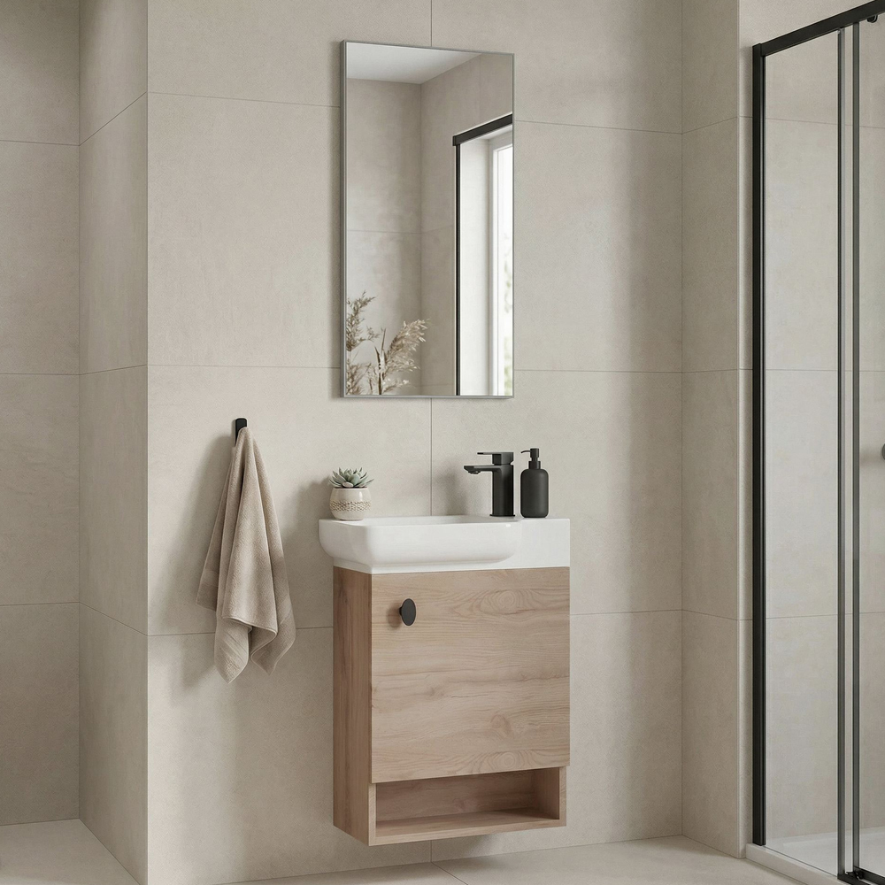 Begonya Wooden Wall Mounted Vanity Unit with Mirror in Oak