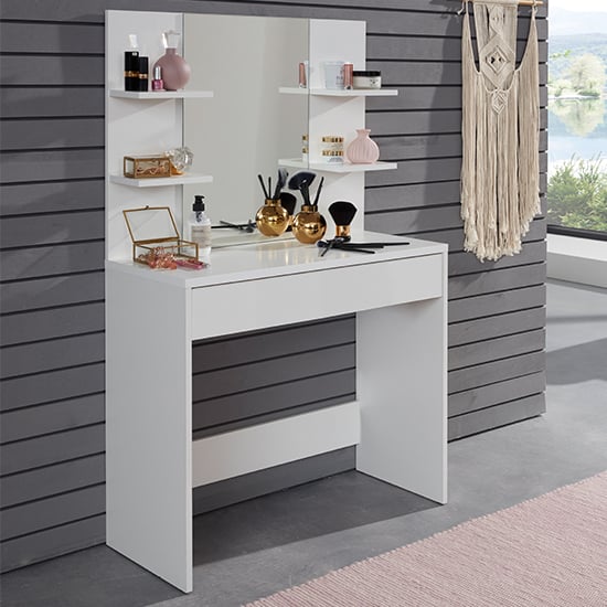 Product photograph of Beile Wooden Dressing Table With Mirror In White from Furniture in Fashion