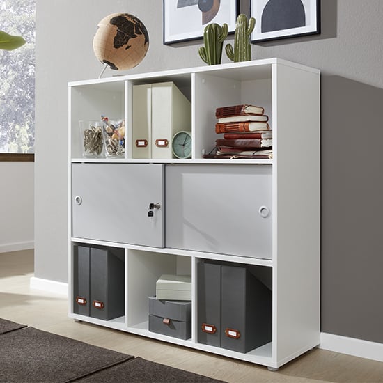 Photo of Beile wooden shelving unit with 2 sliding doors in white