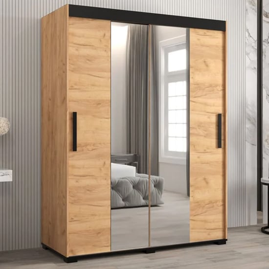 Product photograph of Beilla I Mirrored Wardrobe 2 Sliding Doors 150cm In Golden Oak from Furniture in Fashion