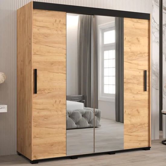 Product photograph of Beilla I Mirrored Wardrobe 2 Sliding Doors 180cm In Golden Oak from Furniture in Fashion