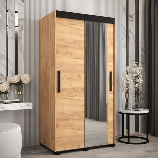 Beilla II Mirrored Wardrobe 2 Sliding Doors 100cm In Golden Oak