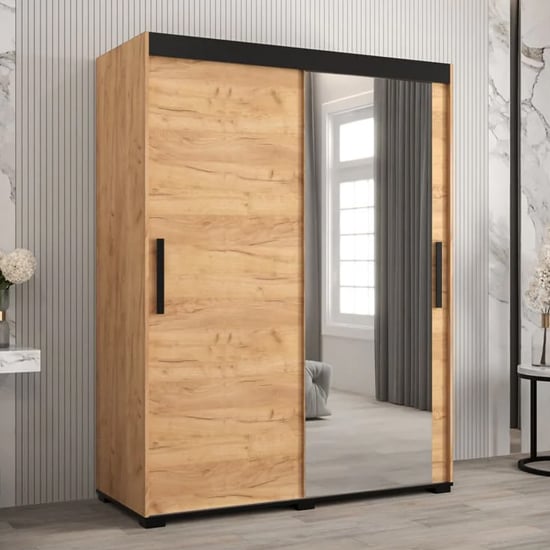 Product photograph of Beilla Ii Mirrored Wardrobe 2 Sliding Doors 150cm In Golden Oak from Furniture in Fashion