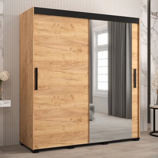 Product photograph of Beilla Ii Mirrored Wardrobe 2 Sliding Doors 180cm In Golden Oak from Furniture in Fashion