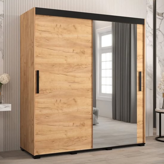 Beilla II Mirrored Wardrobe 2 Sliding Doors 180cm In Golden Oak