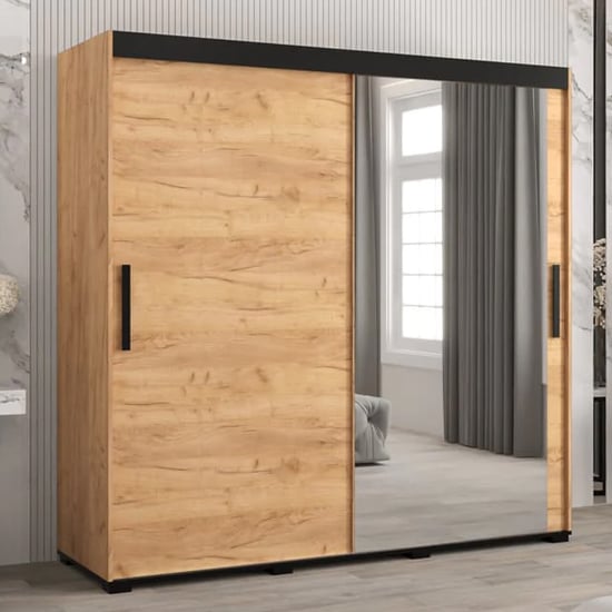 Product photograph of Beilla Ii Mirrored Wardrobe 2 Sliding Doors 200cm In Golden Oak from Furniture in Fashion